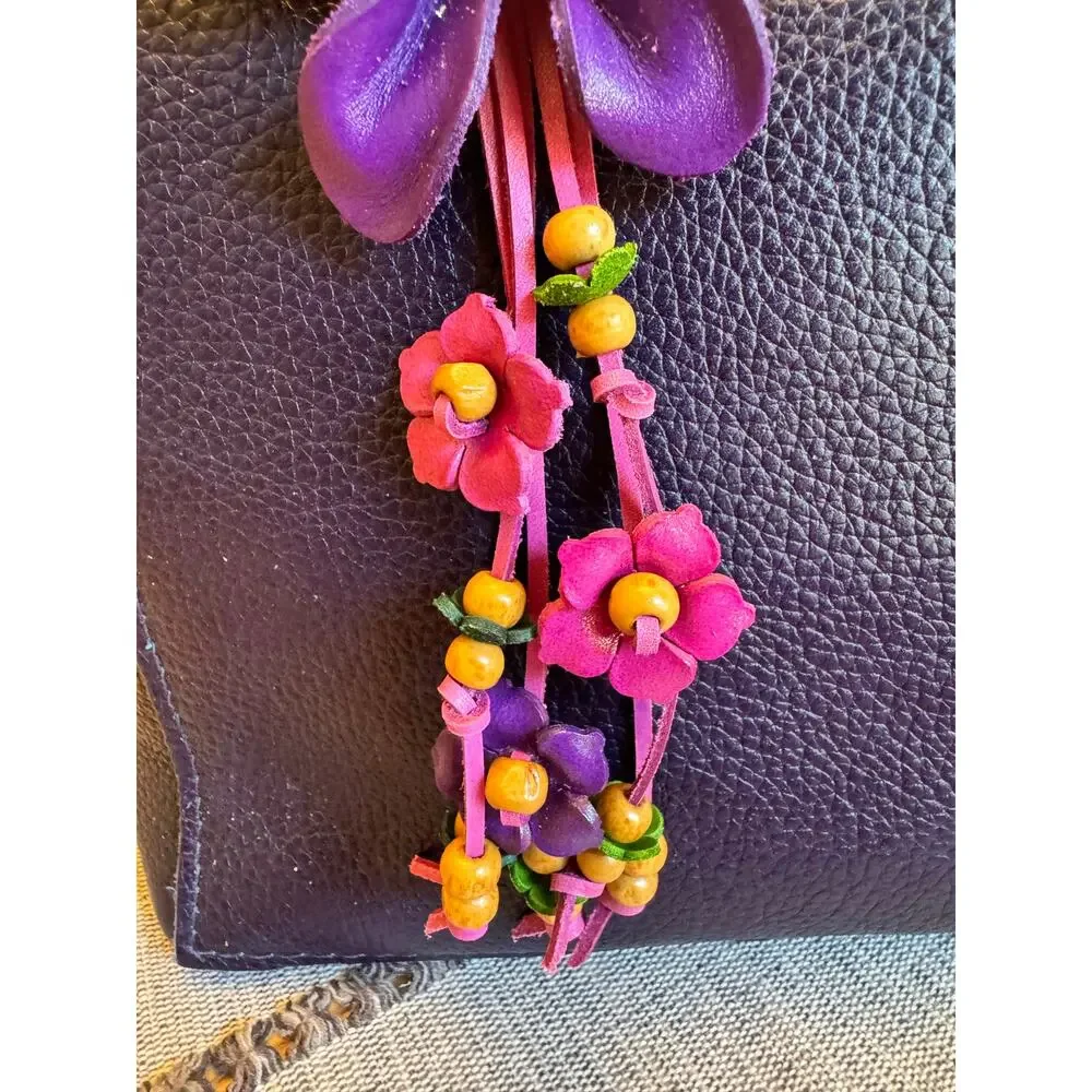 Purple Daisy Flower Leather Bag Charm Genuine Leather Purse Crossbody Keychain